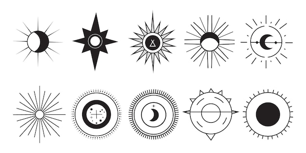 Iconos místicos del sol y la luna Una colección de símbolos místicos negros con diseños de sol y luna