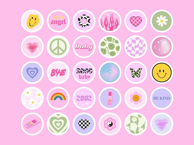 Íconos de moda de Y2k Portadas de los aspectos más destacados de las redes sociales Cute Y2k stickers Vector