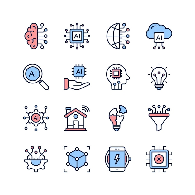 Iconos modernos que representan varios aspectos de la inteligencia artificial para presentaciones de sitios web