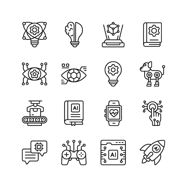 Iconos modernos que representan varios aspectos de la inteligencia artificial