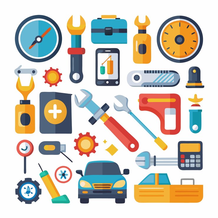 Vector iconos modernos de reparación y mantenimiento móviles conjunto completo para teléfonos inteligentes y servicios automotores