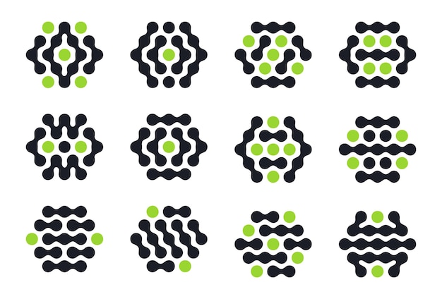 Iconos de moléculas hexagonales Figuras conectadas de Metaball líquido abstracto formas gráficas manchadas vectoriales planas conjunto de ilustraciones elementos de diseño de Metaballs líquidos