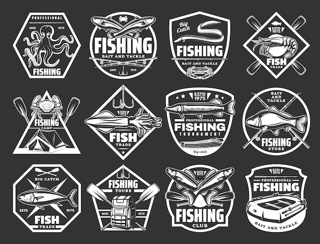 Vector iconos monocromáticos del deporte de pesca para la tienda de aparejos