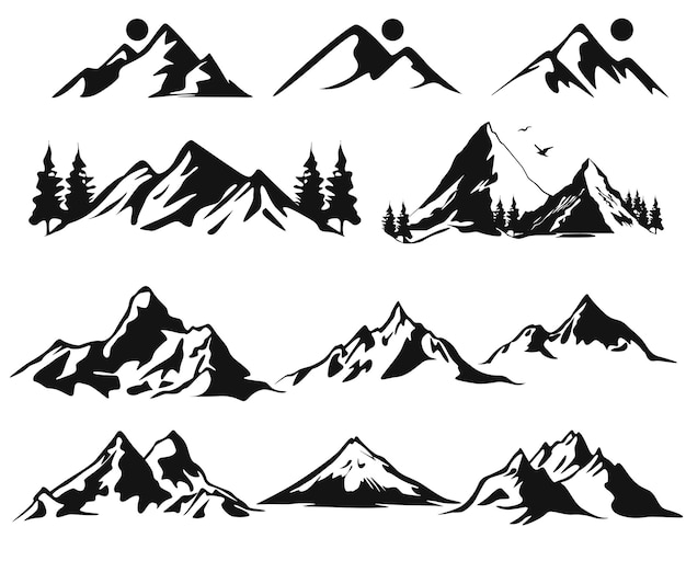 Iconos de la montaña boceto retrógrado en blanco y negro dibujado a mano