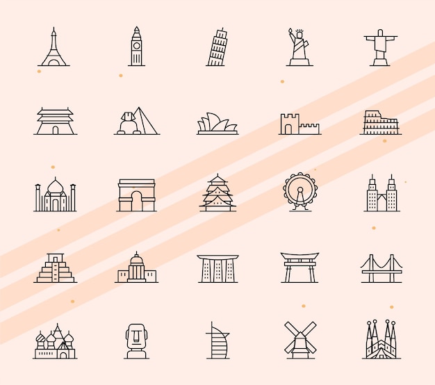 Iconos con monumentos y edificios conocidos en todo el mundo para viajes y turismo
