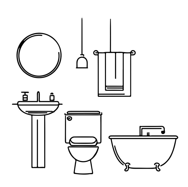 Iconos de muebles básicos en estilo de línea delgada Baño