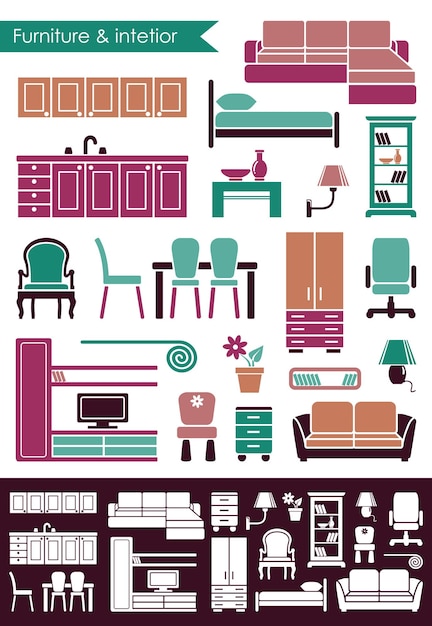 Vector iconos de muebles e interiores en estilo plano