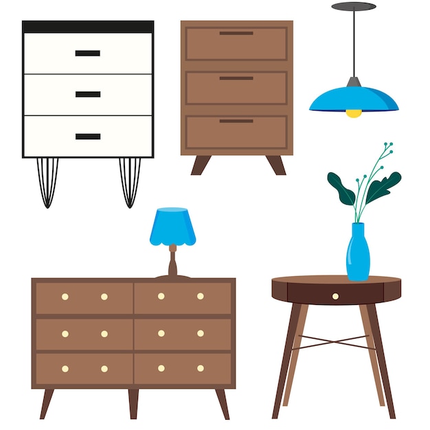 Vector iconos de muebles y electrodomésticos en estilo plano de dibujos animados