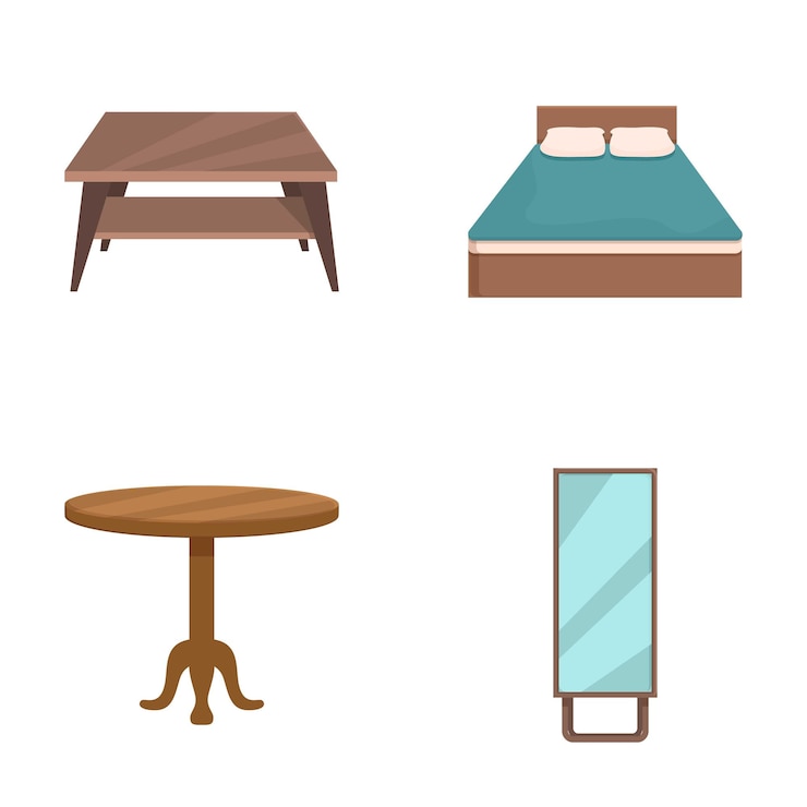 Vector iconos de muebles juegos de mesas cama y espejo