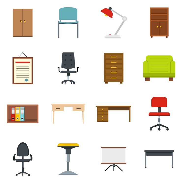 Vector iconos de muebles de oficina establecidos en estilo plano