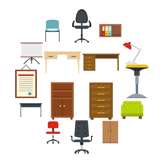 Iconos de muebles de oficina establecidos en estilo plano
