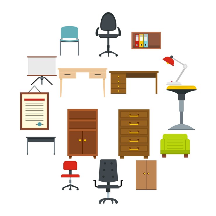 Vector iconos de muebles de oficina en estilo plano