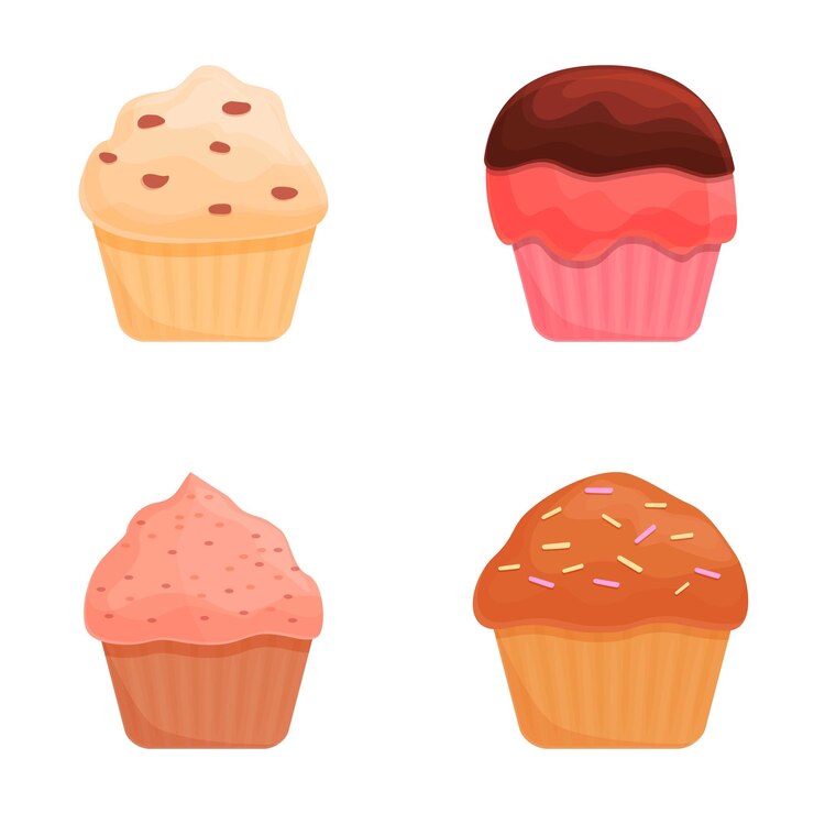 Vector los iconos de muffins se establecen en el vector de dibujos animados cupcake y muffins de varios sabores y colores