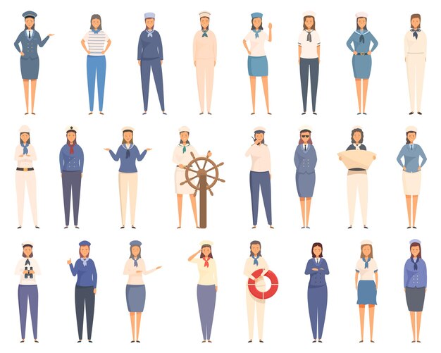 Iconos de mujer marinero conjunto vector de dibujos animados gente moda barco de trabajo