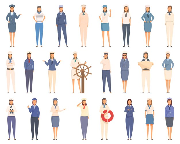 Vector iconos de mujer marinero conjunto vector de dibujos animados gente moda barco de trabajo