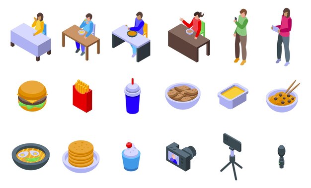 Iconos de Mukbang conjunto de vector isométrico Blogger video de comida