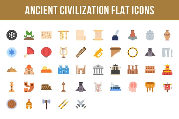 Iconos multicolores planos de la civilización antigua