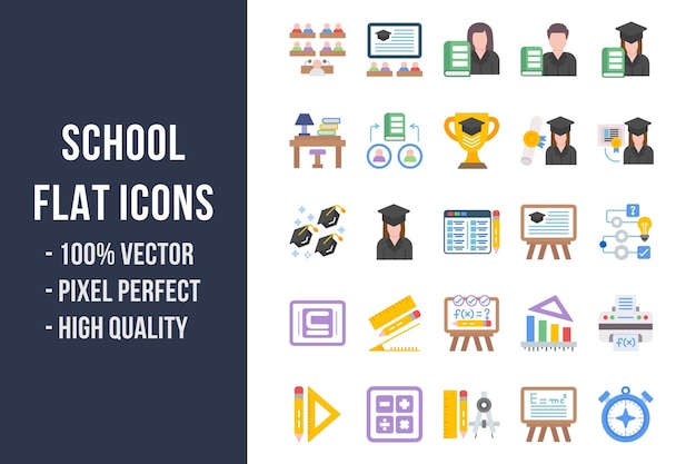 Iconos multicolores planos de la escuela