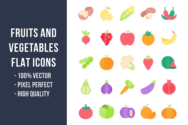 Iconos multicolores planos de frutas y verduras