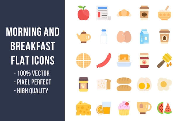 Iconos multicolores planos de mañana y desayuno