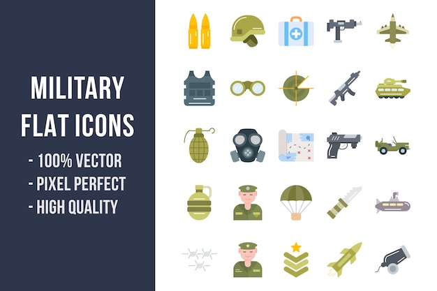 Iconos multicolores planos militares