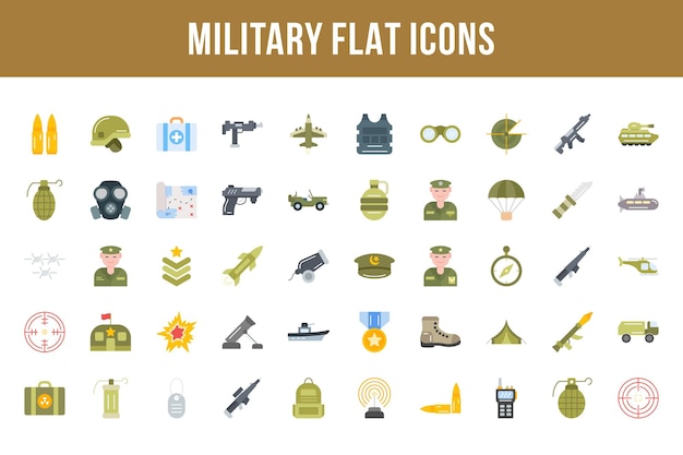 Iconos multicolores planos militares