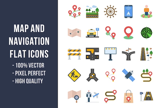 Iconos multicolores planos de navegación y mapa