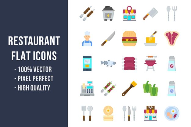 Iconos multicolores planos de restaurante