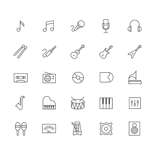 Iconos de música de arte nota de línea vectorial guitarra piano micrófono auriculares batería iconos
