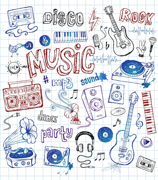 Íconos musicales dibujados a mano en estilo funky doodle. ilustración vectorial