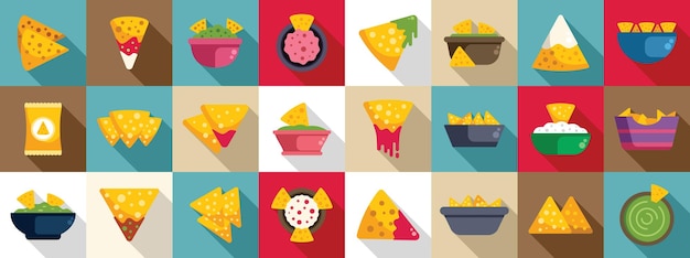 Vector los íconos de nachos se establecen en el vector plano de la comida mexicana.