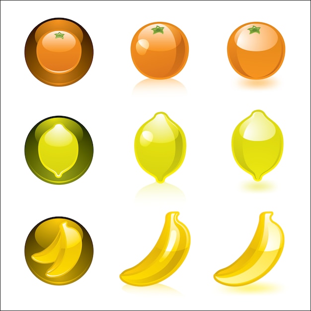 Vector iconos de naranja, limón, plátano