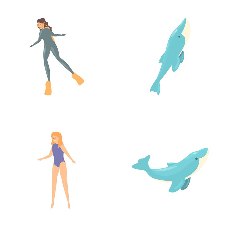 Vector los iconos de natación en el océano establecen el vector de dibujos animados la gente activa nada con el delfín