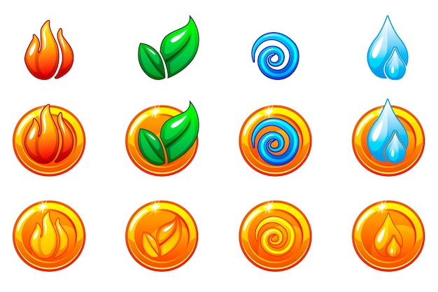 Iconos de la naturaleza de cuatro elementos, conjunto de símbolos redondos de oro. Viento, fuego, agua, símbolo de la tierra. Objetos en una capa separada