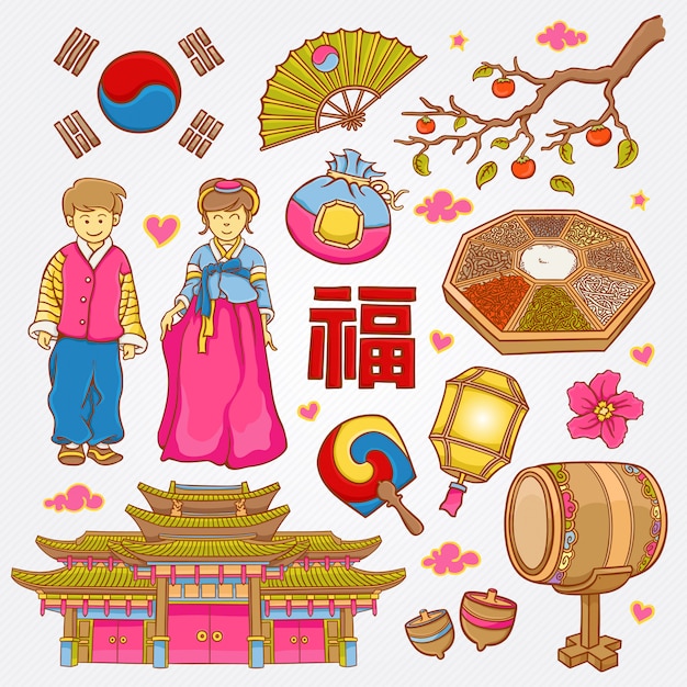 Iconos de naturaleza y cultura coreanos doodle conjunto ilustración vectorial