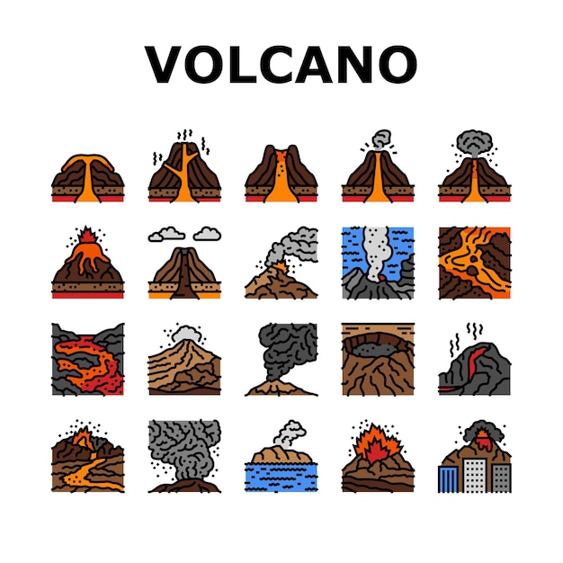 Vector iconos de la naturaleza de la erupción de la lava del volcán