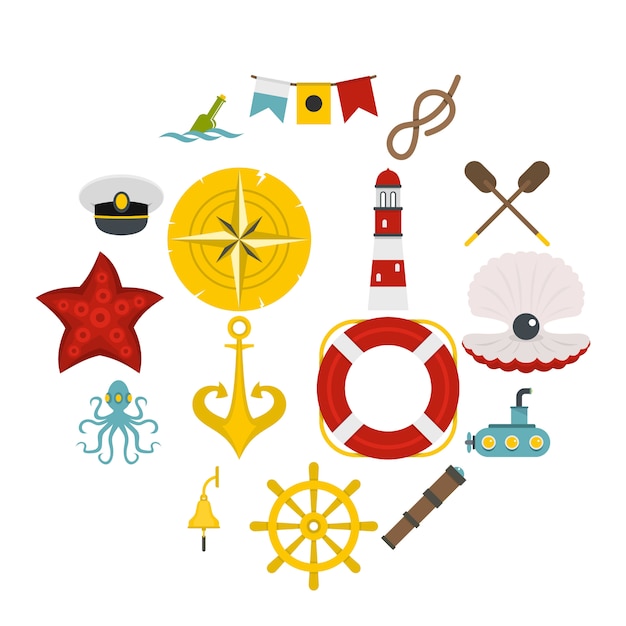 Iconos náuticos establecidos en estilo plano