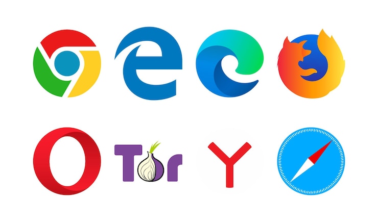 Vector iconos de los navegadores más populares google chrome explorer edge mozilla opera tor yandex browser safari colores logotipos editoriales logotipos de navegadores vectoriales iconos
