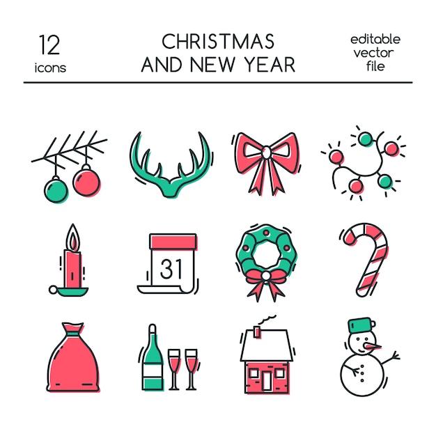 Iconos de Navidad y año nuevo en estilo de línea.