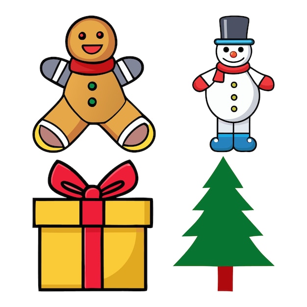 Iconos de Navidad bonitos Conjunto de pan de jengibre Hombre de Nieve Regalo y Árbol Clipart