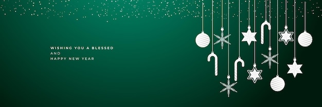 Iconos de navidad colgantes y fondo de banner ancho de saludo de año nuevo