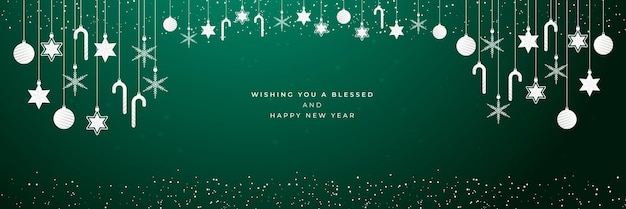 Iconos de navidad colgantes y fondo de banner ancho de saludo de año nuevo