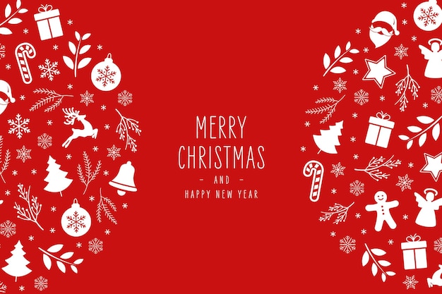 Iconos de Navidad elementos de decoración tarjeta de felicitación sobre fondo rojo