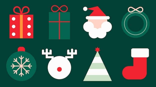 Iconos de Navidad de estilo vectorial plano en rojo, verde y blanco Estilo vectorial minimalista con regalos Papá Noel y elementos festivos Iconos simpáticos de vacaciones y Navidad que incluyen elementos vectoriales festivos