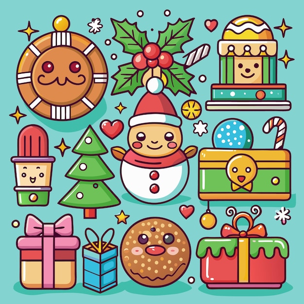Iconos de Navidad con el hombre de nieve, el hombre de pan de jengibre y los regalos.