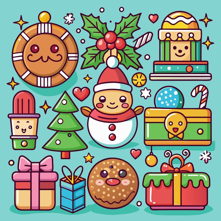 Vector iconos de navidad con el hombre de nieve, el hombre de pan de jengibre y los regalos.