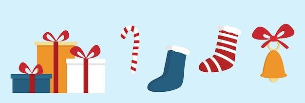 Iconos de Navidad vacaciones de invierno, conjunto aislado de ilustración vectorial, cajas de regalo y calcetines