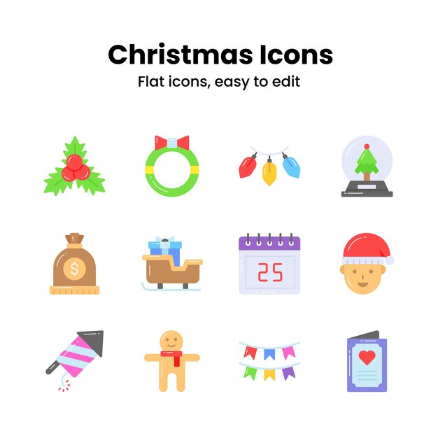 Iconos navideños bien diseñados en un estilo plano de moda aislados sobre un fondo blanco