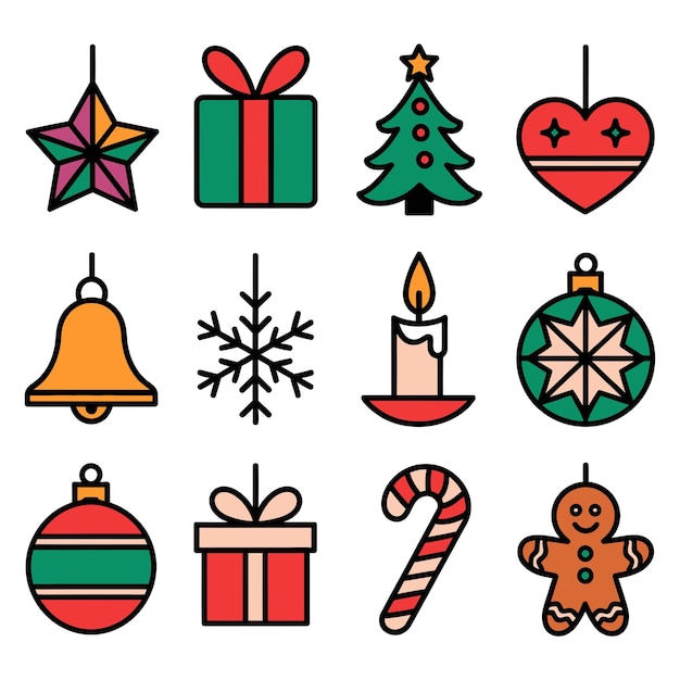 Iconos navideños coloridos que incluyen una caja de regalos de estrellas, un árbol de Navidad, una campana de corazón, una vela de copo de nieve.