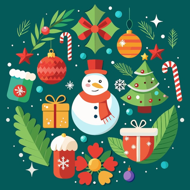 Iconos navideños de diseño plano y colorido dispuestos en círculo sobre un fondo verde
